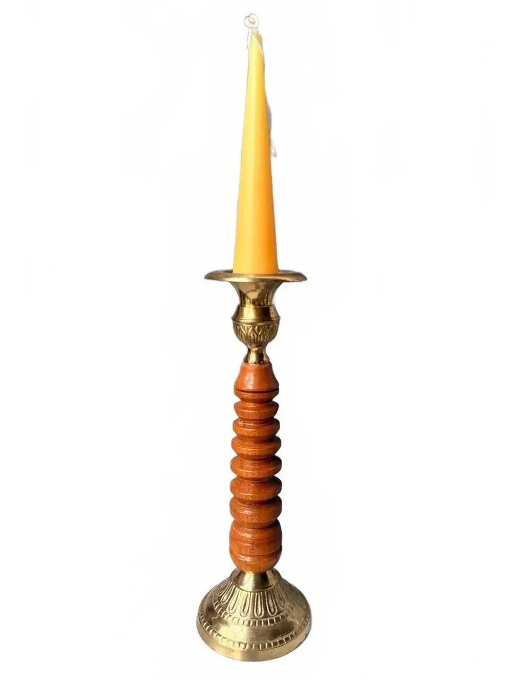 Vintage Turned Wood Brass Candlestick Holder Scandinavian Mid Century Decor